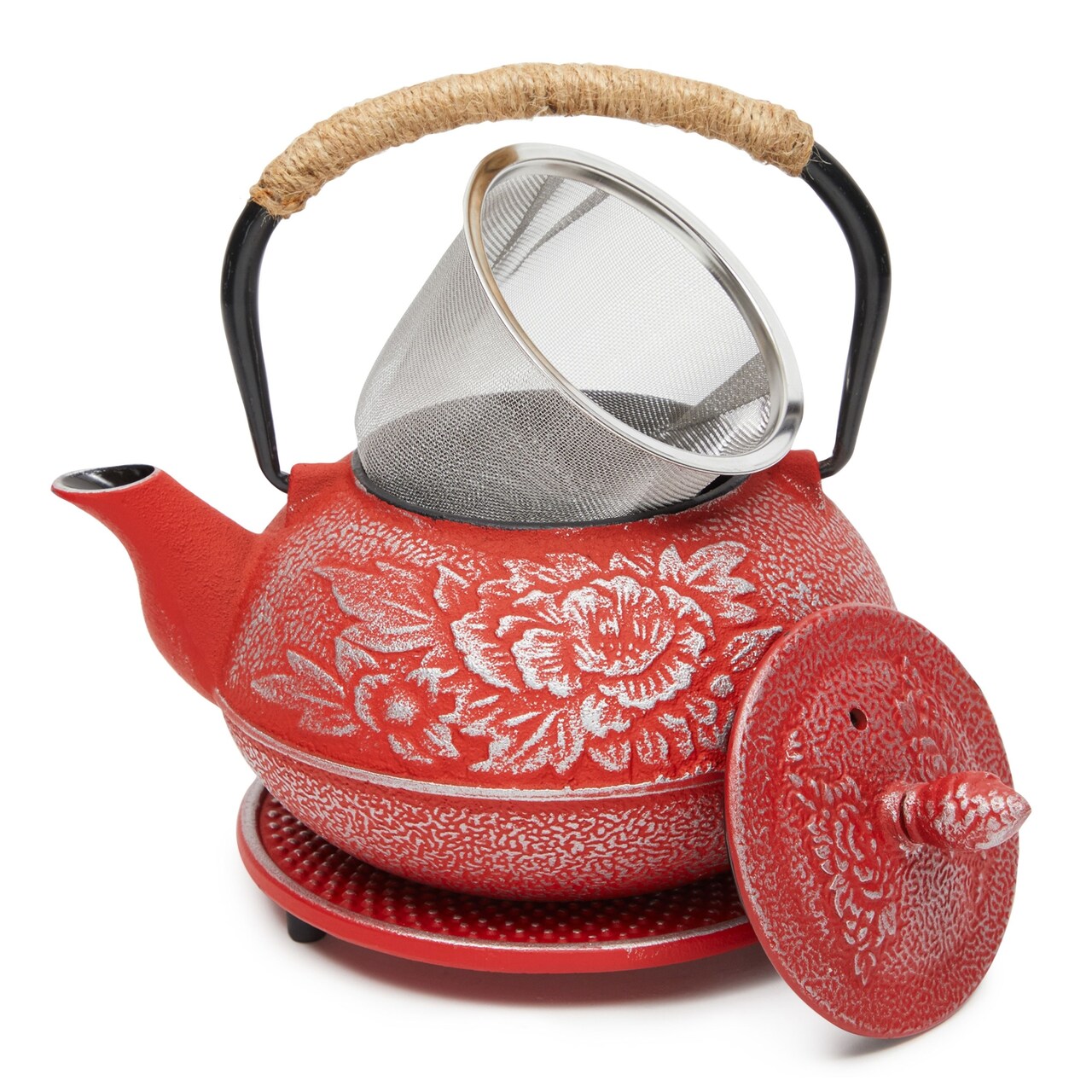 Juvale Japanese Cast Iron Teapot with Infuser - Red, 27 oz (800 ml), 3-Pc Teapot Set - Stovetop Kettle for Loose Leaf Brewing - Removable Stainless Steel Infuser & Trivet Included